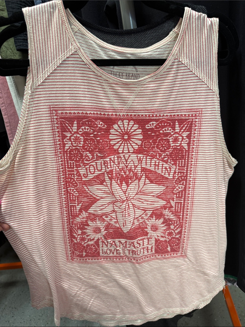 Lucky Brand Pink Striped Tank with Red Lotus Graphic